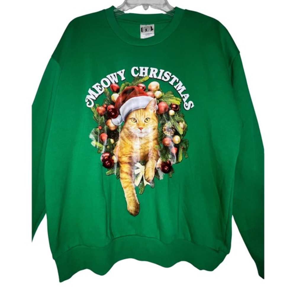 Meowy Christmas IML Ugly X-Mas Cat Sweater Sweatshirt‎ Green Size Medium Unisex